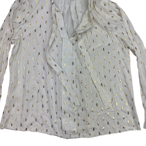 Solitaire White/Gold Geometric Foil Neck Tie ruffle cuff Blouse Women's sz XL - Picture 7 of 9